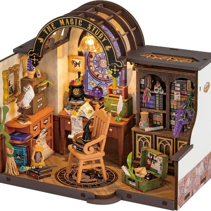 Robotime ROKR DIY Miniature House Kit – "Magic Study" Library – 3D Wooden Puzzle Room Kit with LED Lights – Creative Hobby Gift for Adults