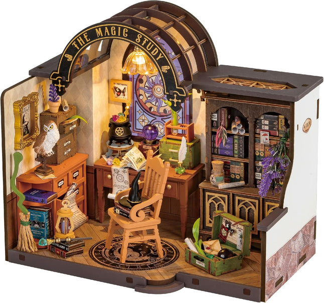 Robotime ROKR DIY Miniature House Kit – "Magic Study" Library – 3D Wooden Puzzle Room Kit with LED Lights – Creative Hobby Gift for Adults