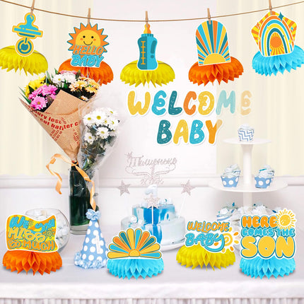 14 Pcs "Here Comes the Son" Baby Shower Centerpieces – Boho Sunshine & Rainbow Honeycomb Table Decor – Gender Reveal & First Birthday Party Supplies