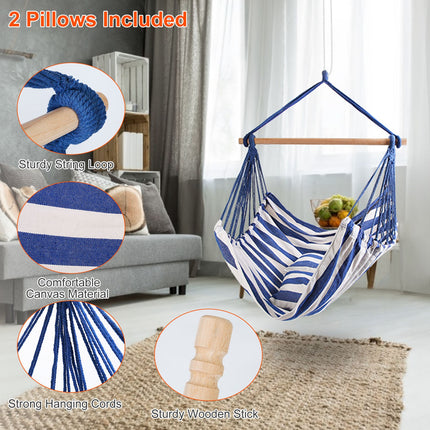Premium Canvas Hammock Hanging Chair – Portable Swing Seat with Wooden Spreader Bar & 2 Pillows – 265lbs Capacity for Indoors & Outdoors