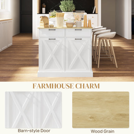 White Farmhouse Tilt-Out Trash Can Cabinet – 10 Gallon Hidden Waste Bin Holder – Modern Wooden Kitchen Island with 2 Storage Drawers