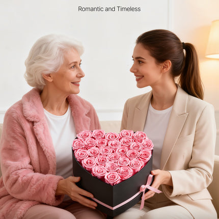 Forever Flowers Heart Box – 27 Real Preserved Pink Roses – Eternal Immortal Bouquet – Romantic Anniversary & Valentine’s Day Gift for Girlfriend or Wife