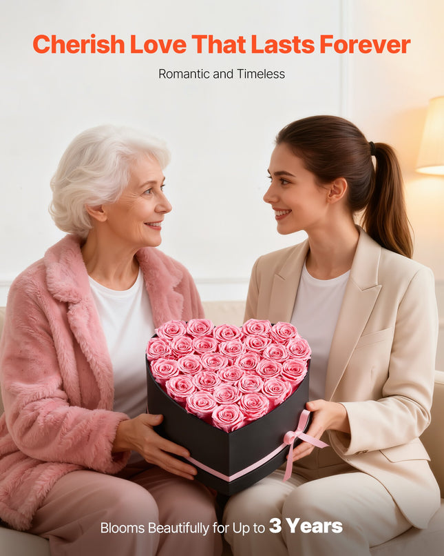 Forever Flowers Heart Box – 27 Real Preserved Pink Roses – Eternal Immortal Bouquet – Romantic Anniversary & Valentine’s Day Gift for Girlfriend or Wife