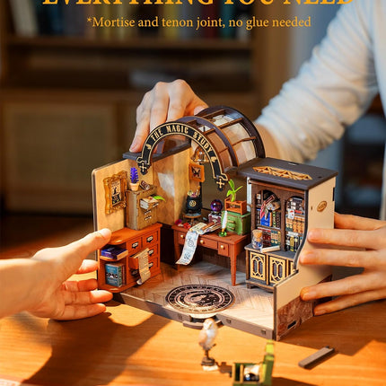 Robotime ROKR DIY Miniature House Kit – "Magic Study" Library – 3D Wooden Puzzle Room Kit with LED Lights – Creative Hobby Gift for Adults
