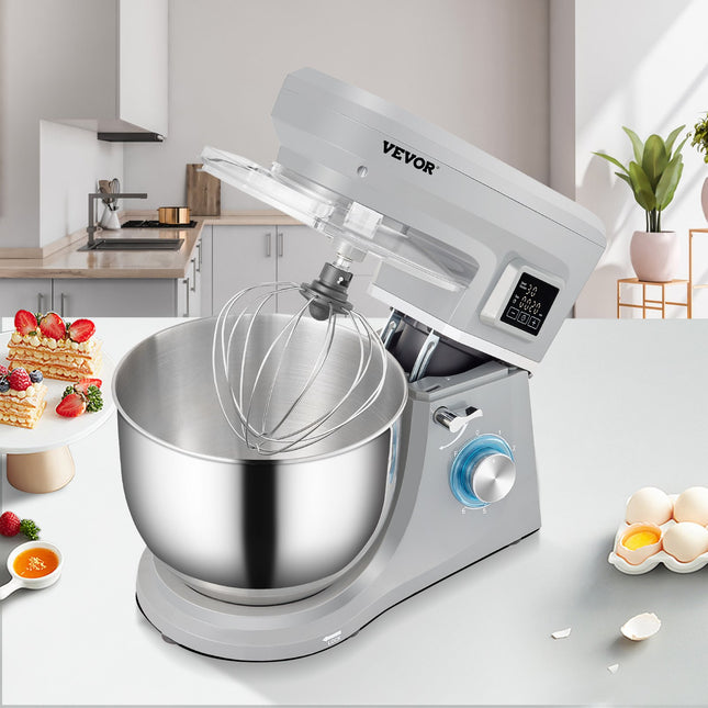 Professional Dough Mixer Machine – 7.4 Quart High Capacity Stand Mixer – 6-Speeds & LCD Timing Control – Includes Dough Hook, Whisk & Beater