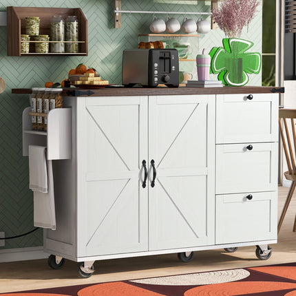 Farmhouse Rolling Kitchen Island with Power Outlet – Expandable Drop Leaf Countertop – Ample Storage with Drawers & Spice Rack – Mobile White Kitchen Cart for Dining & Prep