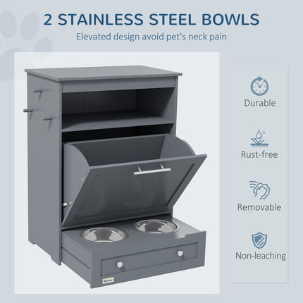 Wooden Pet Feeder Station with Storage Cabinet – Hidden Pull-Out Dog Food Bowl Drawer – Airtight Dog Food Storage Locker with Raised Bowls