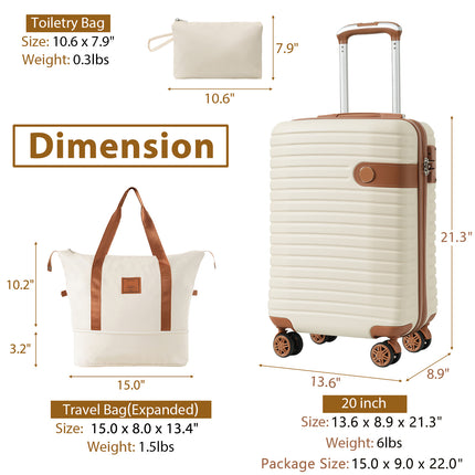 3-Piece Luxury Cream Luggage Set – Lightweight ABS Hardshell Suitcases – 20" Airline Approved Carry-On (22x14x9) – Silent 360° Spinner Wheels