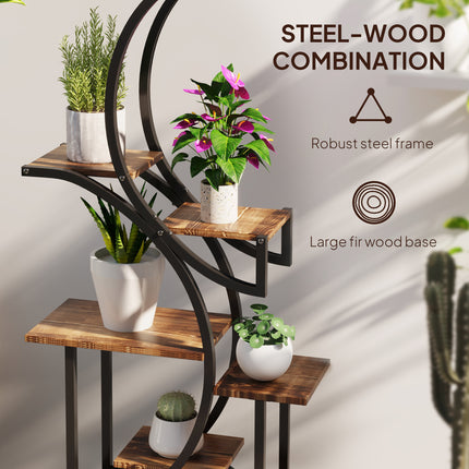 62" Tall S-Shaped Plant Stand – 8-Tier Wood Plant Shelf with Carbonized Finish – Unique Corner Display Rack for Multiple Plants