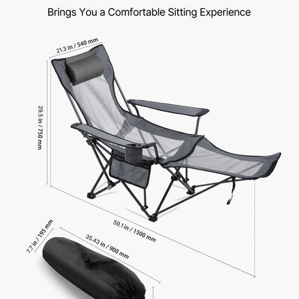 4-Position Reclining Camping Chair with Footrest – Portable Folding Lounge Chair – Heavy Duty Mesh Beach Chair with Headrest – Gray