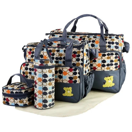 5pcs Multi-Function Baby Diaper Bag Set – Large Capacity Mummy Tote Bag – Includes Small Accessory Bag, Bottle Case, and Changing Mat