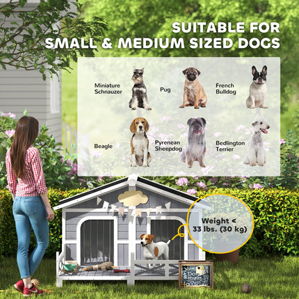 Luxury Double-Room Wooden Dog House with Porch – Openable Roof & Removable Floor – Weatherproof Outdoor Kennel for 2 Small/Medium Dogs (Gray)