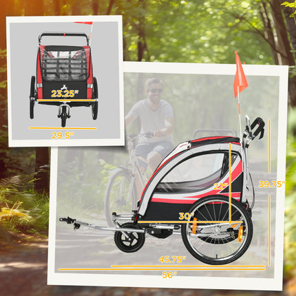 2-in-1 Double Baby Bike Trailer & Stroller – High-Visibility 2-Seater Child Wagon – Weather-Resistant Bicycle Trailer for Toddlers – Red