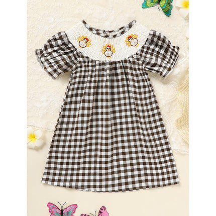 Baby Girl Thanksgiving Turkey Dress – Green Plaid Short Sleeve Party Costume – Toddler Autumn Holiday Ruffle Dress