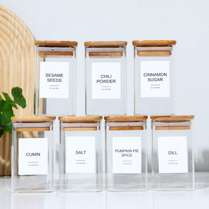 Minimalist 24-Pcs Spice Organizer Set – High-Quality Glass Jars with Natural Bamboo Lids & Collapsible Funnel