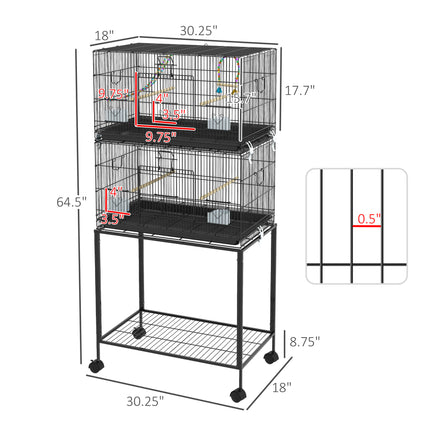 Double Stackable Bird Cage with Rolling Stand – 2-Tier Wrought Iron Flight Cage for Canaries & Finches – Detachable Breeding Cage on Wheels