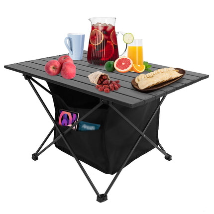 Aluminum Roll-Up Camping Table with Storage Mesh Basket – Lightweight Portable Picnic Table – Rustproof Folding Table for Hiking, BBQ & Fishing