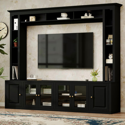 4-Piece Modern Entertainment Center Wall Unit – 92" Large TV Stand for TVs up to 80" – All-in-1 Media Console with Bookshelves & Tempered Glass Doors