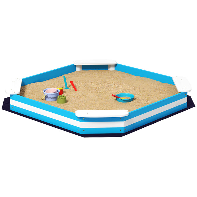 52" Kids Square Wooden Sandbox with 4 Corner Seats – Outdoor Garden Sandpit with Protective Bottom Liner – Blue Sensory Play Station
