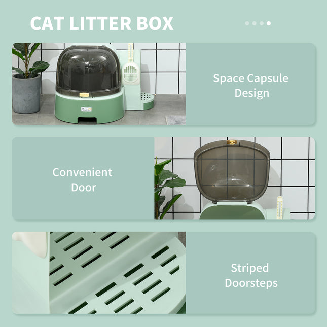 High-Sided Open Cat Litter Box – Anti-Splashing Kitty Litter Pan with Scoop – Easy-to-Clean Modern Pet Washroom (Green)
