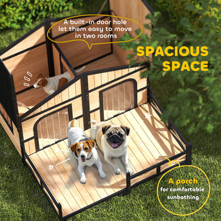 Luxury Natural Wood Double Dog House with Porch – Dual Room Outdoor Kennel with Openable Roof & Removable Floor – Weatherproof Pet Villa