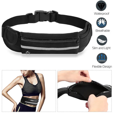 Slim Running Belt Waist Pack – Waterproof Sports Fanny Pack – Adjustable Elastic Waist Pouch for iPhone, Keys & Travel