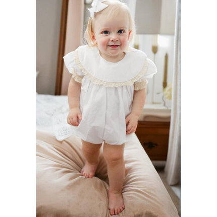 Baby Girl White Lace Smocked Romper – Vintage Floral Embroidery Bubble Jumpsuit – Elegant Wedding & Christening Outfit