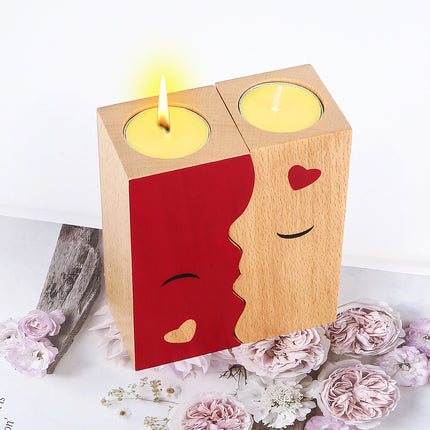 Kissing Couple Wooden Candle Holder Set – 2Pcs Romantic Anniversary Gift for Her/Him – Interlocking Heart-Silhouette Tea Light Holder for Home Decor