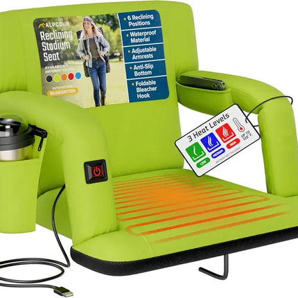 Heated Reclining Stadium Seat with Back Support – Extra Wide Padded Cushion Chair for Bleachers, Sports Games & Outdoor Events