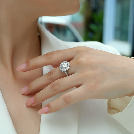 Sunflower Halo Statement Ring – 3 Carat Moissanite Brilliant Cut – S925 Sterling Silver Platinum Plated – Luxury Engagement & Promise Ring