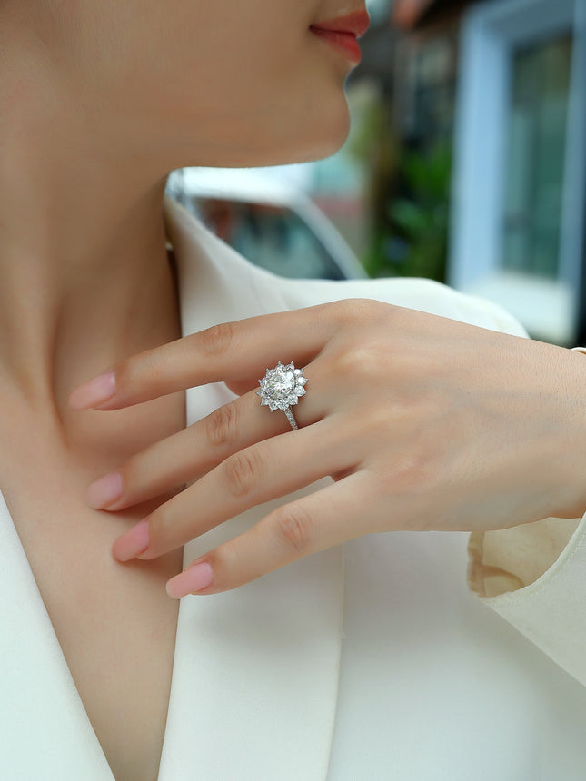Sunflower Halo Statement Ring – 3 Carat Moissanite Brilliant Cut – S925 Sterling Silver Platinum Plated – Luxury Engagement & Promise Ring