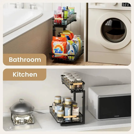 2-in-1 Kitchen Organization Set – 2-Tier Large Dish Drying Rack with Drainboard & Pull-Out Under Sink Organizer Rack – Black Metal