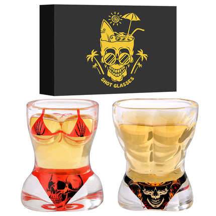 Creative 3D Body Shape Shot Glasses – 2pcs Set: Black Muscle Man & Red Bikini Skull Style – Unique Barware Gift for Parties & Halloween