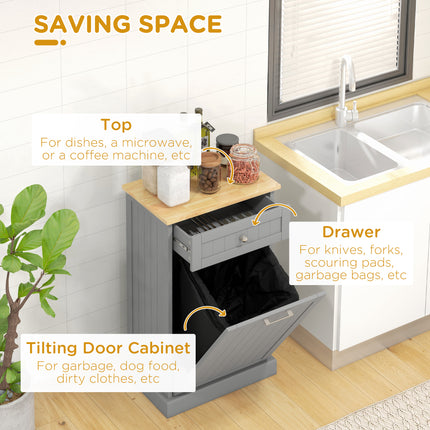 Modern Gray Tilt-Out Trash Can Cabinet – 10 Gallon Hidden Garbage Holder with Drawer – Stylish Wooden Kitchen Waste Bin Cupboard in Grey