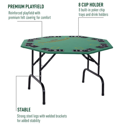47" Octagon Folding Poker Table – 8-Player Blackjack & Texas Hold'em Game Table – Professional Green Felt with Cup Holders & Chip Trays