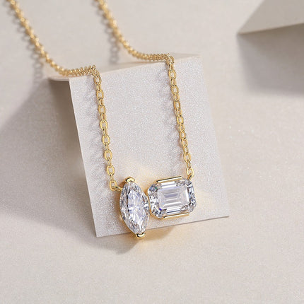 Double Diamond Shadow Necklace – S925 Sterling Silver Moissanite Pendant – Octagonal & Marquise Cut Lab Diamond Jewelry – 18K Gold Plated Luxury