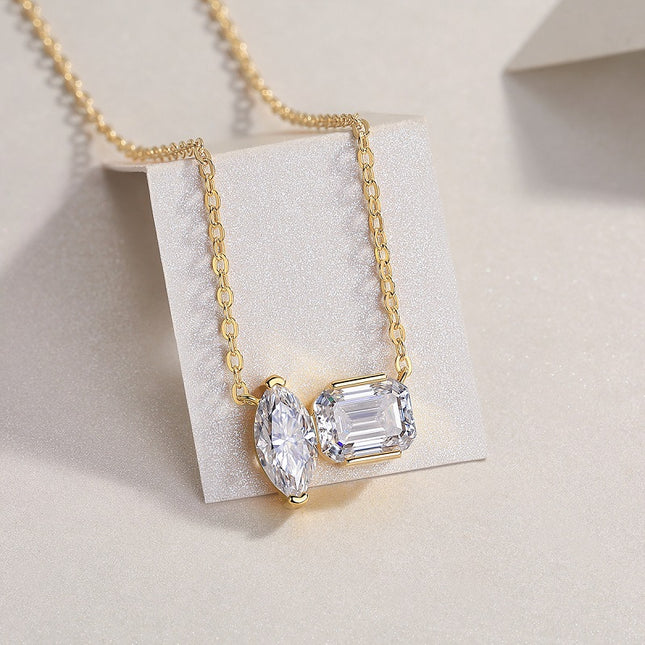 Double Diamond Shadow Necklace – S925 Sterling Silver Moissanite Pendant – Octagonal & Marquise Cut Lab Diamond Jewelry – 18K Gold Plated Luxury