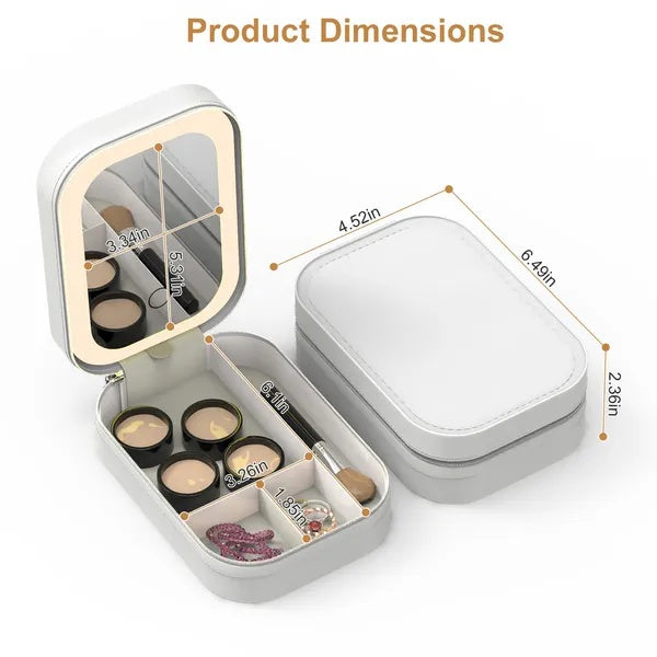 Professional Travel Makeup Case – Rechargeable LED Lighted Mirror & Adjustable Dividers
