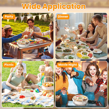 2-Pack Clear Divided Serving Tray for Parties & Picnics – Rotatable Snack Organizer with Removable Dividers – Portable Fruit & Nut Platter