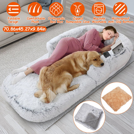 3-Piece Human Dog Bed Set – Includes Pillow & Blanket – 71"x45" Large Human-Sized Dog Bed for Adults, Kids & Pets – Machine Washable & Foldable (Grey)