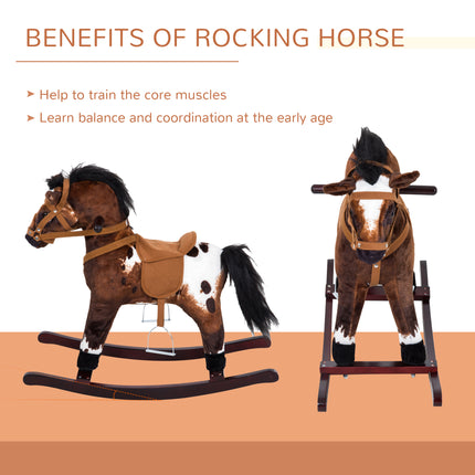 Kids Plush Rocking Horse Chair – Wooden Ride-On Toy with High Back Support & Realistic Sounds – For Toddlers 18-36 Months (Dark Brown/White)