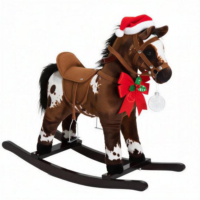 Kids Plush Rocking Horse Chair – Wooden Ride-On Toy with High Back Support & Realistic Sounds – For Toddlers 18-36 Months (Dark Brown/White)