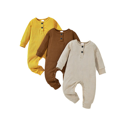 3-Pack Essential Baby Ribbed Rompers – 100% Soft Cotton Long Sleeve Jumpsuits – Unisex Infant Button-Front Bodysuits