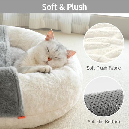 MewooFun Enclosed Cat Bed Cave – 22" Large Hooded Pet Bed with Built-in Blanket – Washable Anti-Anxiety Nest for Cats and Small Dogs (White)