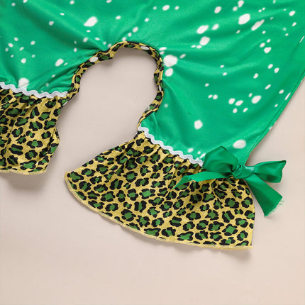 Baby Girl St. Patrick’s Day Flare Romper – Green Clover & Leopard Print Jumpsuit – Ruffle Sleeve Bell Bottom Onesie