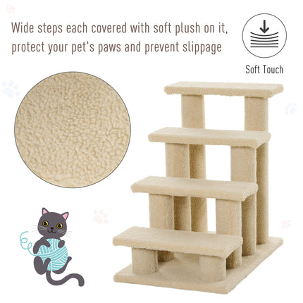 25" 4-Step Pet Stairs for Cats & Small Dogs – Multi-Level Carpeted Cat Tree with Scratching Post – Senior Pet Relief Steps in Cream White