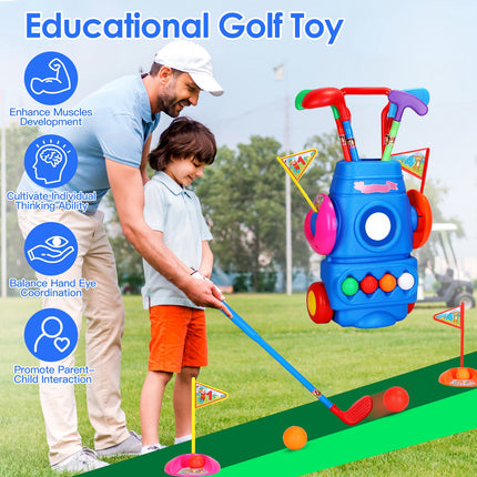 Kids Golf Club Set with Wheeled Golf Cart – Indoor & Outdoor Toddler Golf Game – Includes 4 Clubs, 4 Balls, 2 Holes & Flags – Sports Toy for Kids Ages 3-5