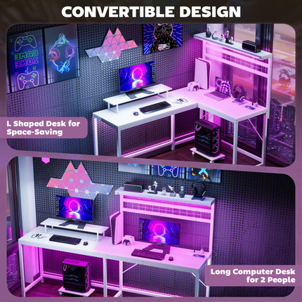 61.6" L-Shaped Gaming Desk with LED Lights & Power Outlets – White Computer Desk with Monitor Stand, CPU Shelf & Headphone Hook – Corner Workstation for Home Office & Gaming