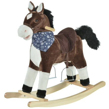 Plush Cowboy Rocking Horse – Wooden Ride-On Toy with Realistic Neighing & Galloping Sounds – Soft Brown Pony for Toddlers 3-6 Years