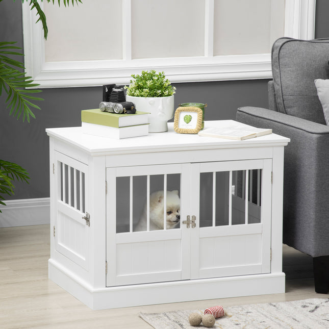 Furniture Style Dog Crate End Table – Wooden Pet Kennel with Triple Doors – White Decorative Dog House for Small Dogs – Multi-Functional Side Table